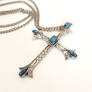 Art Arthur Pepper Faux Turquoise Silver Tone Southwestern Cross Long Necklace